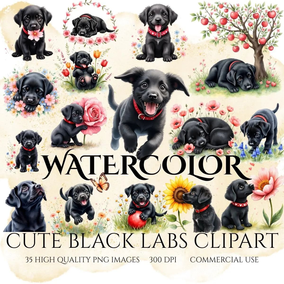 Watercolor Black Lab Puppy Clipart, Dog PNG Bundle, Puppy Nursery Art, Digital Downloads
